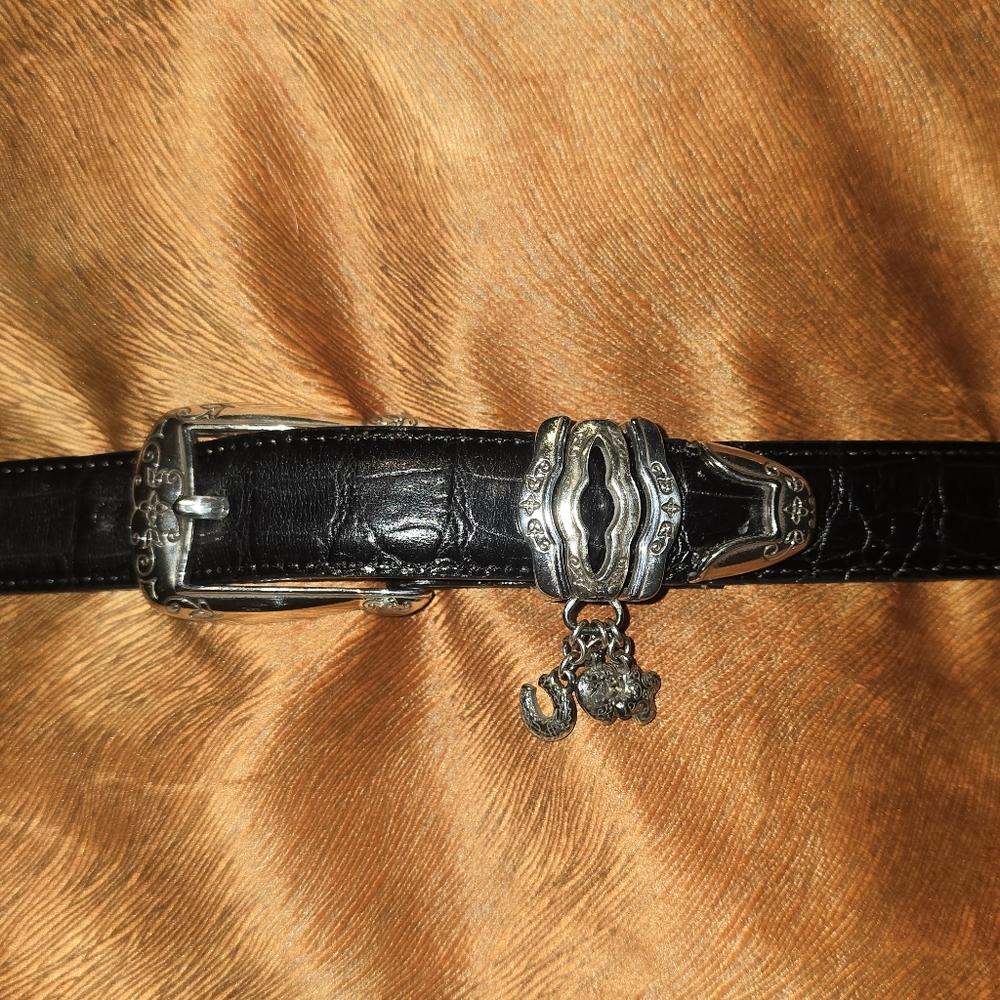 Brighton Belt Black Leather Large 3 Dangle Charms Heart Horseshoe Cross B10073